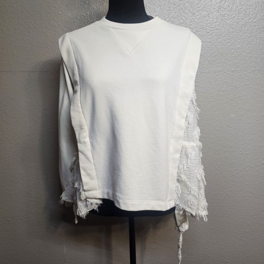 Anthropologie XXS White Fringe Side Panel Pullover Sweatshirt Western Boho HH049